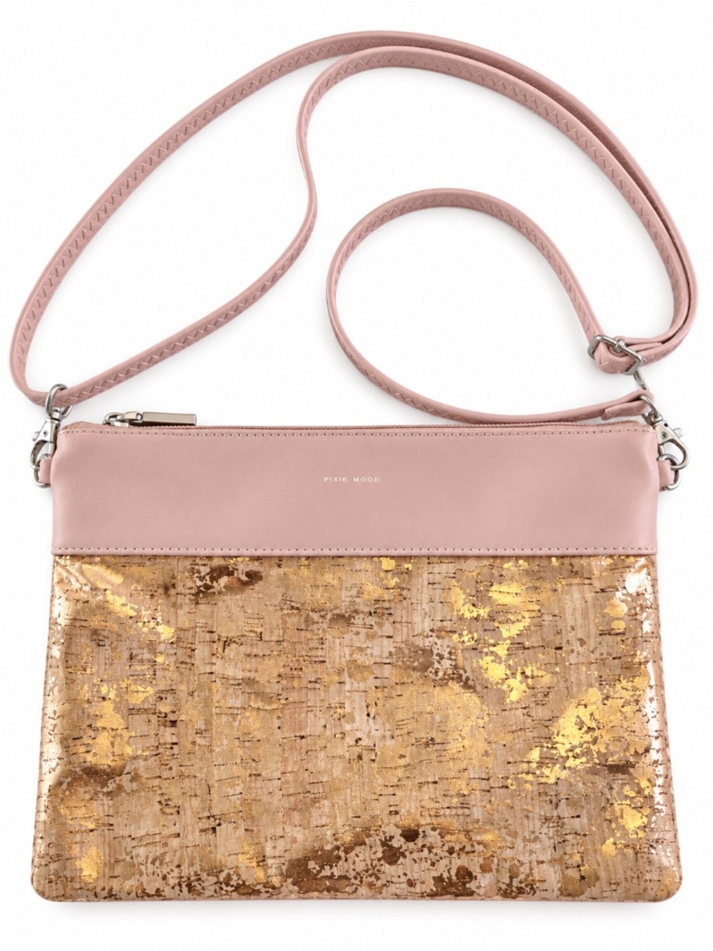 Pixie Mood Purse pink gold metallic cork faux leather removable strap zip